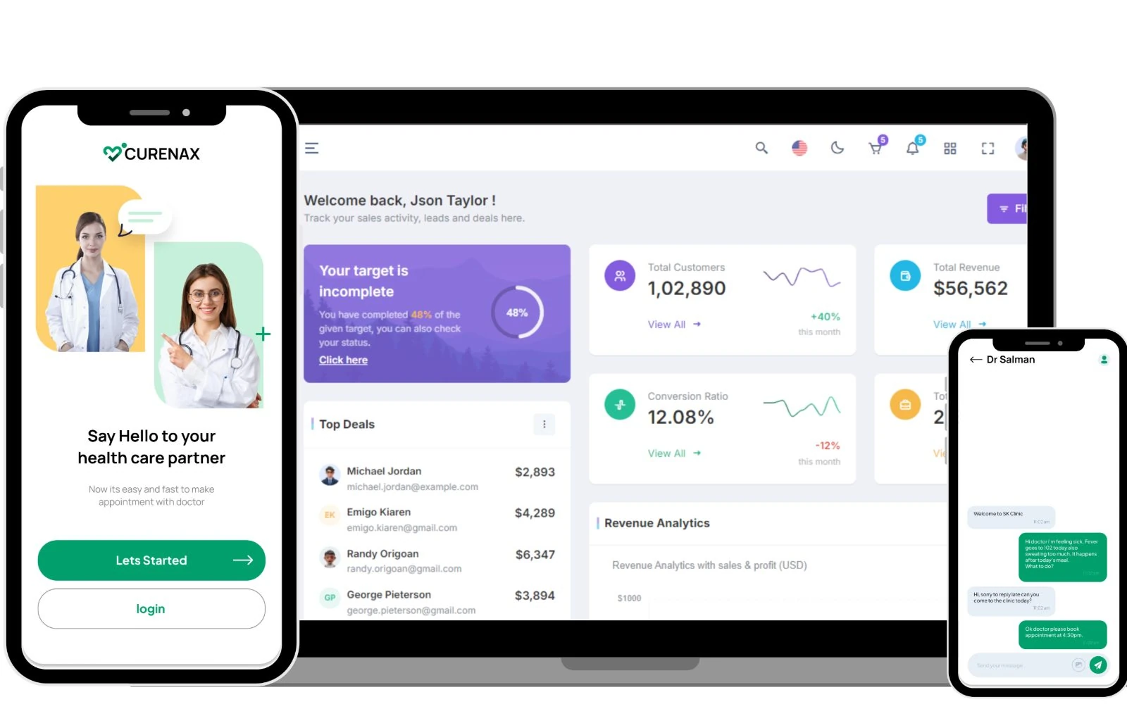 CureNax: Connected Digital Healthcare Platform — project web and mobile interfaces